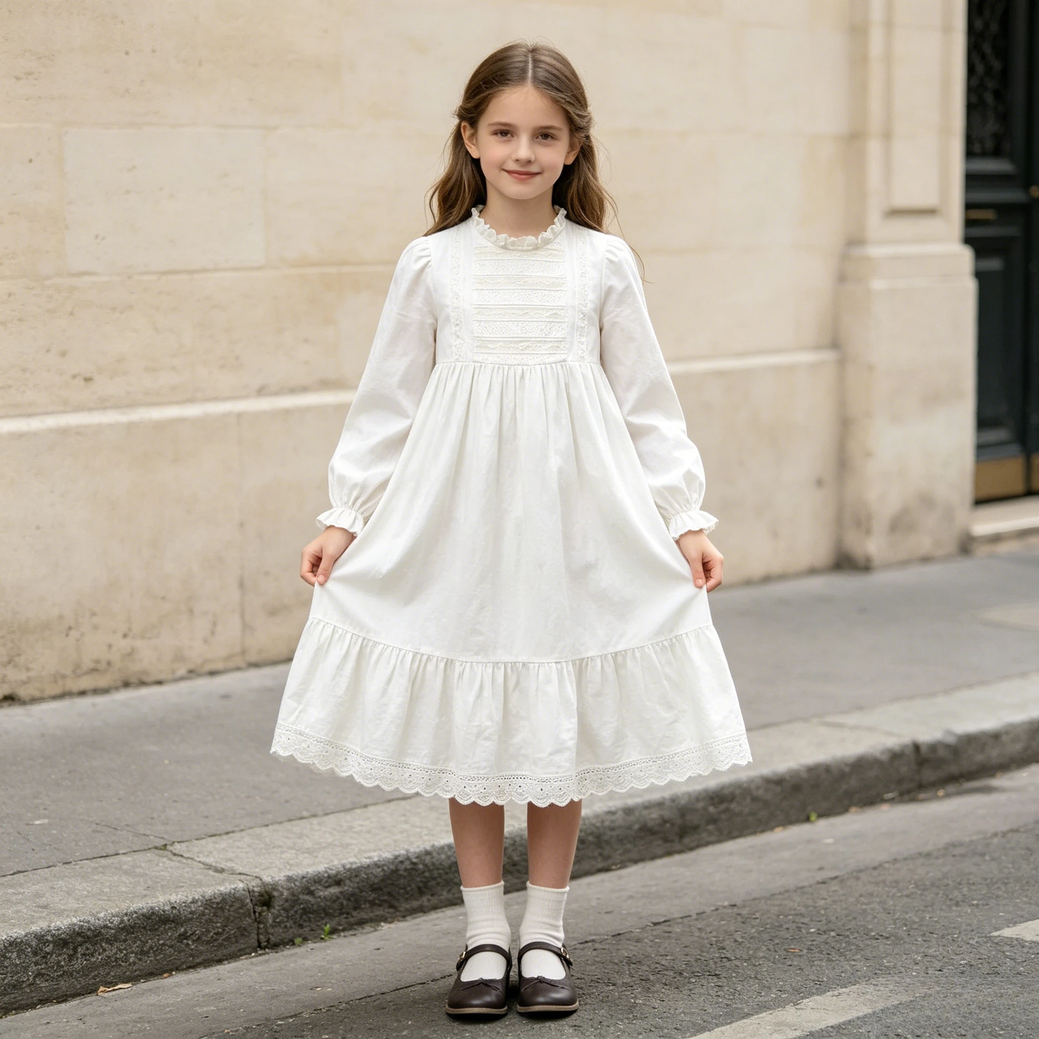 Girls White Cotton Dress Smocked Chest Ruffle Neck Puff Sleeve Lace Hem Vintage French Style Kids 4-12 Years Party Daily Wear