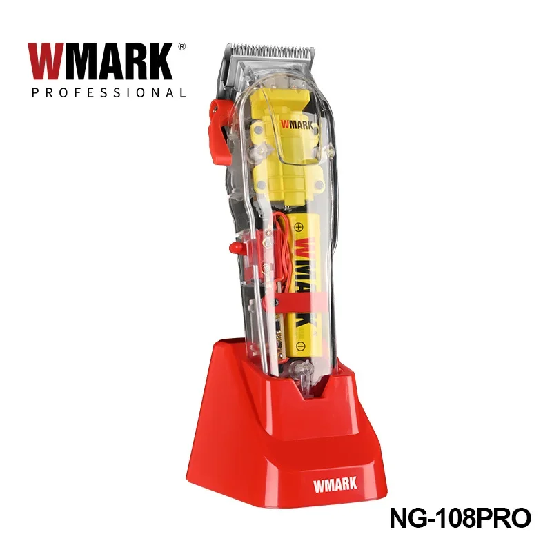 WMARK 7300RPM NG-108PRO Rechargeable Hair Cutting Machine Hair Clippers Trimmer Transparent Cover Red Base