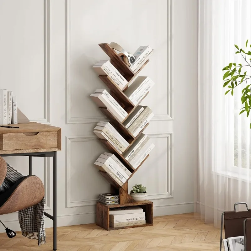 9 Tier Tree Bookshelf with Drawer Bookcase, Floor Standing Book Storage Shelf, Tree Bookcase for CDs/Books/Movies