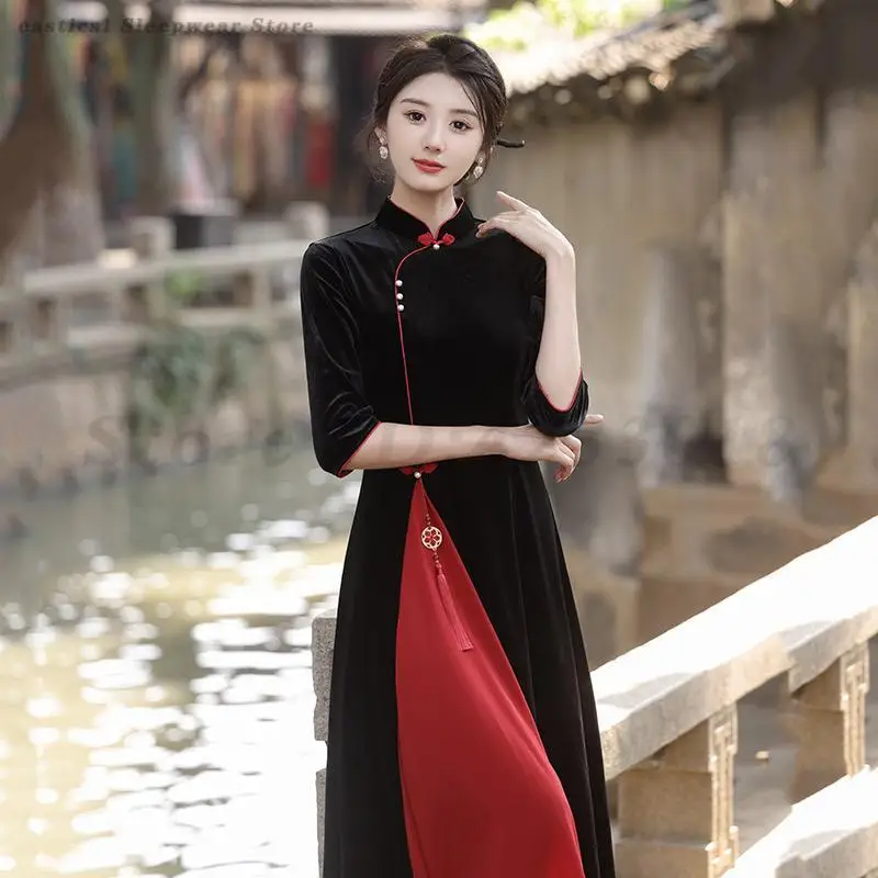 

Женский Cheongsam Ao Dai, красные черные бархатные Qipaos, улучшающие традиционные китайские платья, элегантные темпераментные платья для мам, Vestidos