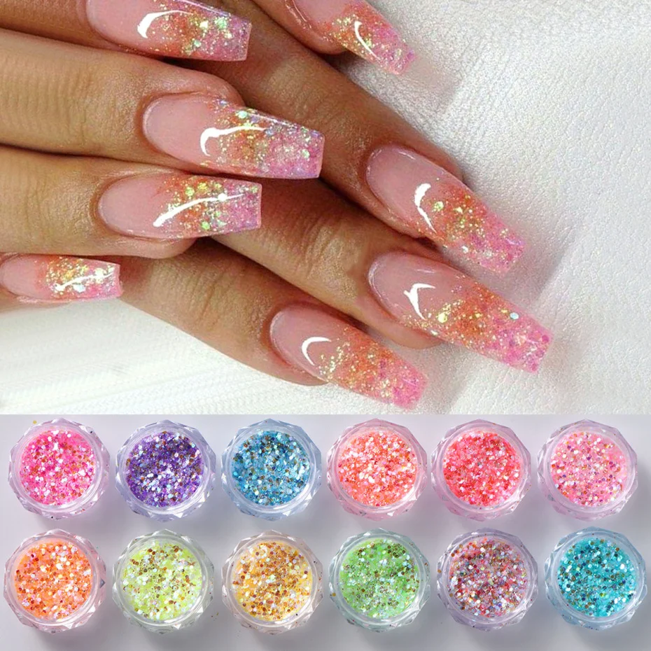 Holográfico Colorido Nail Glitter Sequins, Sparkly Sereia, Flocos De Hexágono, Festival De Natal, Acessórios De Manicure Brilhante, Caixa De 12