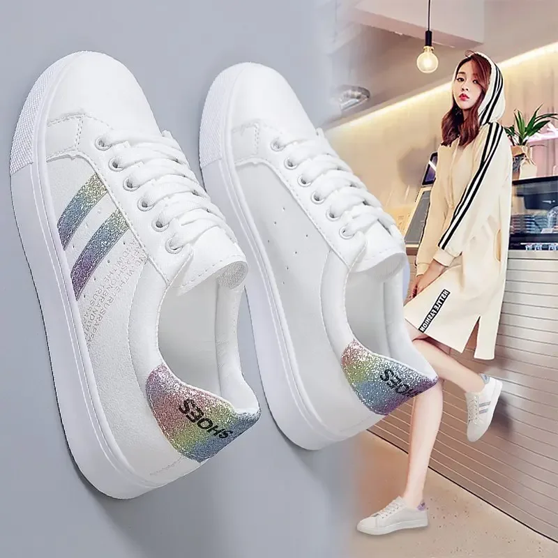 Spring Autumn New Anti-Slip Casual Shallow White Shoes Women Flat Bottom One-Legged Versatile Sports Leather Student Board Shoes