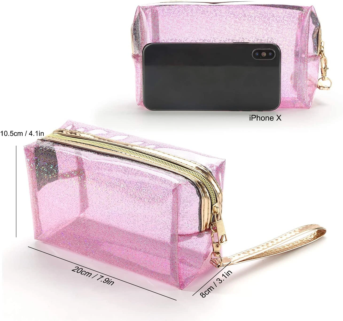 Waterproof Cosmetic Bags PVC Transparent Zippered Storage Bag with Handle Strap Portable Clear Makeup Bag Pouch for Bathroom