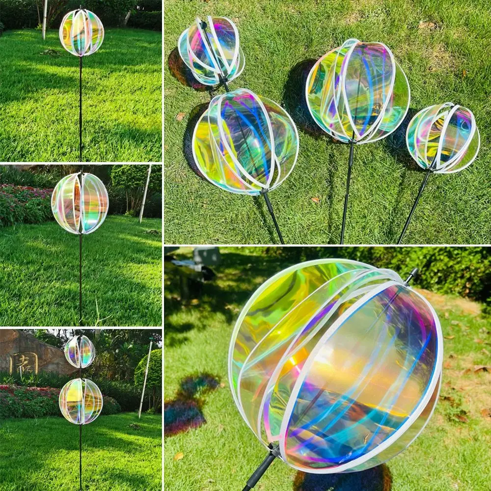 Sparkling Stripe Garden Stake Rainbow Color Reflective Film Outdoor Windmills Colorful Film Rotating Ball Gardening Art