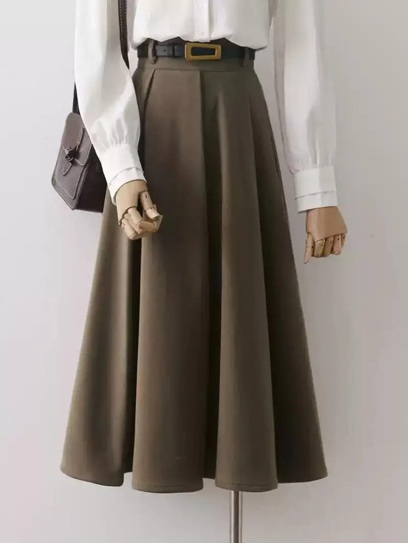 Bomon Y2K Japan And South Korea Autumn/Winter New Woolen Pleated Skirt Skirt Modern Office Girl High-Waisted Commute Long Skirt