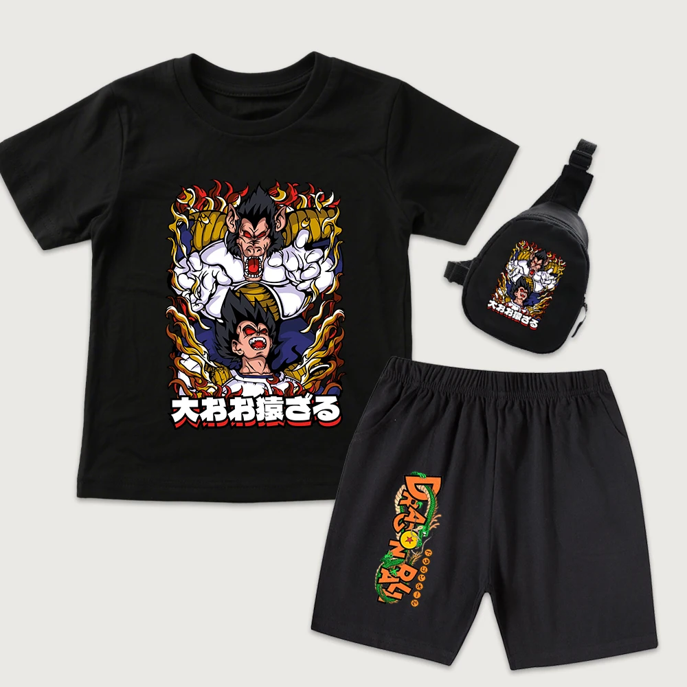 Dbz Vegeta x Great Ape Anime Print Kids Cotton T Shirt Shorts Mini Chest Bag 3Pcs Set for Boys Girls Casual Summer Outfit