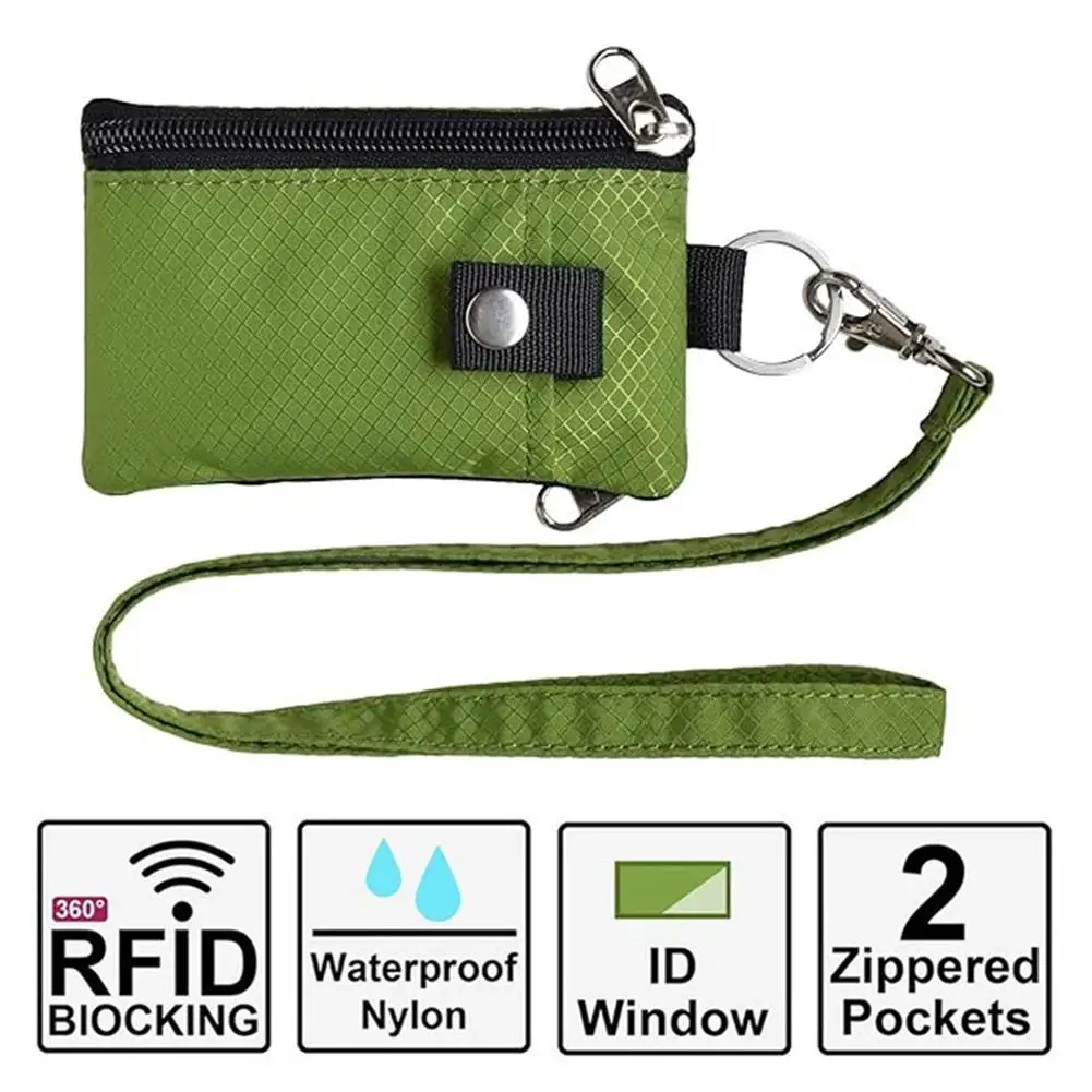 Cartera delgada con bloqueo para mujeres y hombres, tarjetero minimalista resistente al agua con cremallera, llavero de viaje, funda con insignia con cordón, antirrobo