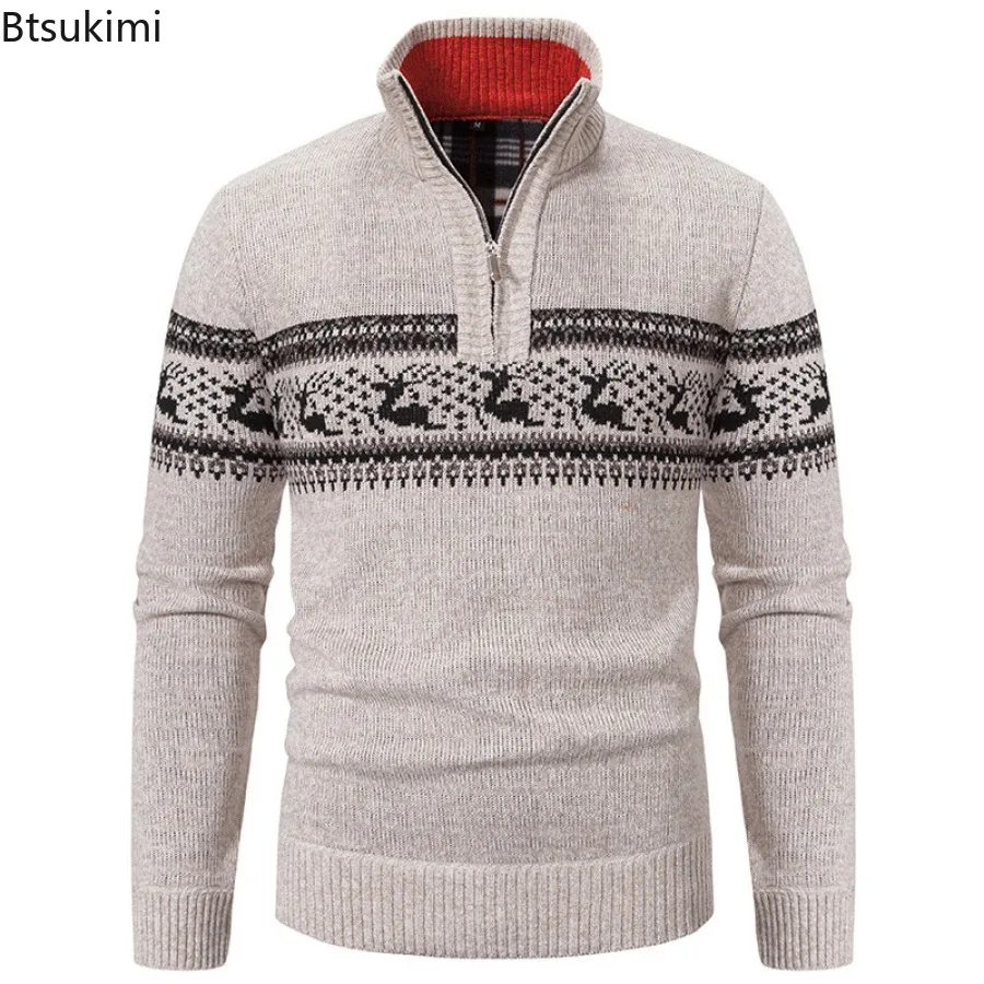 New 2024 Autumn Winter Men's Casual Jacquard Half Zipper Sweater Pullovers Fashion Long Sleeve Mock Neck Knitted Sweater for Men