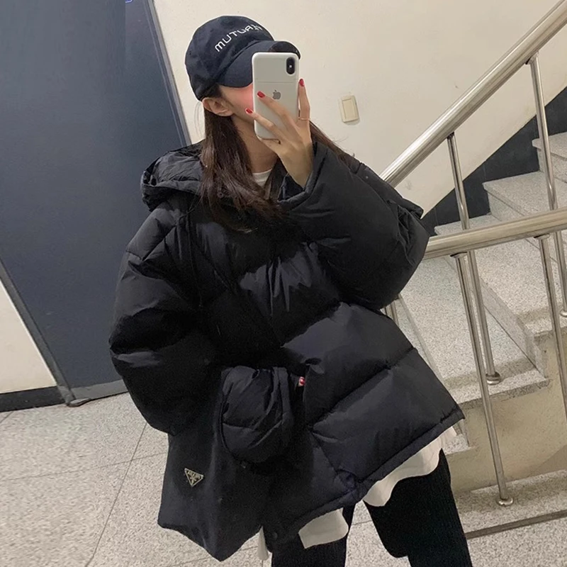 Jaqueta de Inverno Retro Chic para Mulheres, Casual, Solta, de Manga Longa, com Capuz, Zíper e Fenda Lateral, Versátil e Conf...