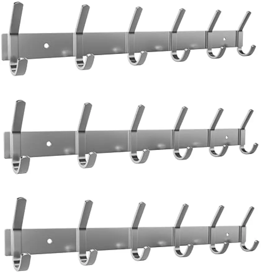 

17-Inch Stainless Steel Wall Coat Rack with 6 Double Hooks for Entryway, Bathroom, and Bedroom - 3 Pack