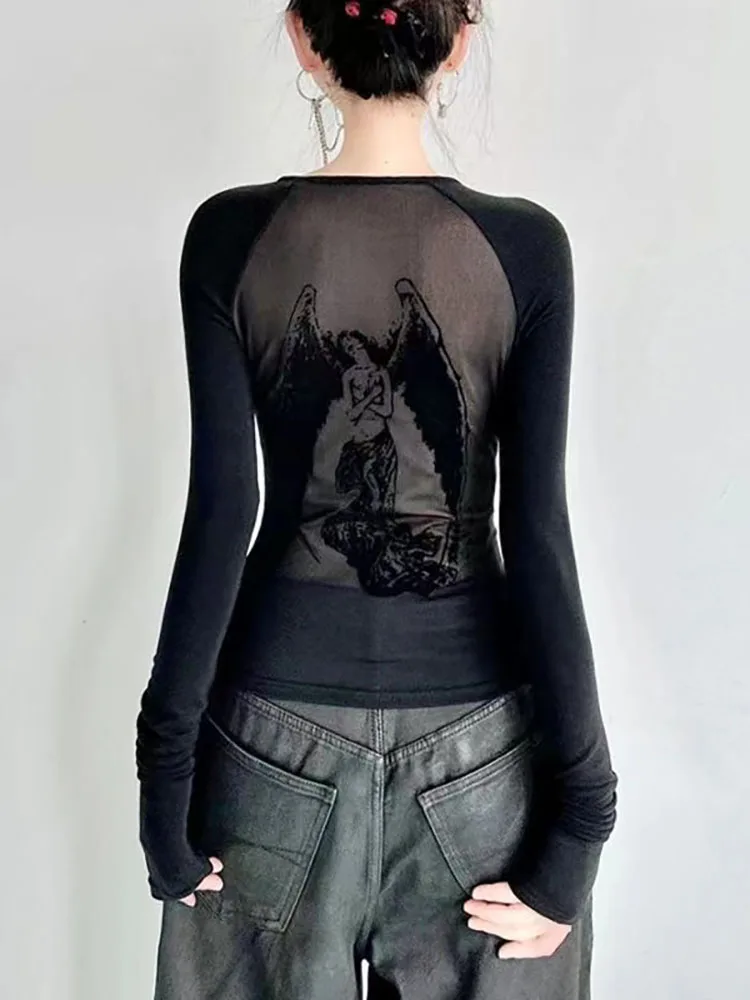 

Sexy Mesh See Through Print T-shirts for Women Y2k Goth Punk Angel Graphic Long Sleeve Slim Tops Streetwear Harajuku Shirt Girls