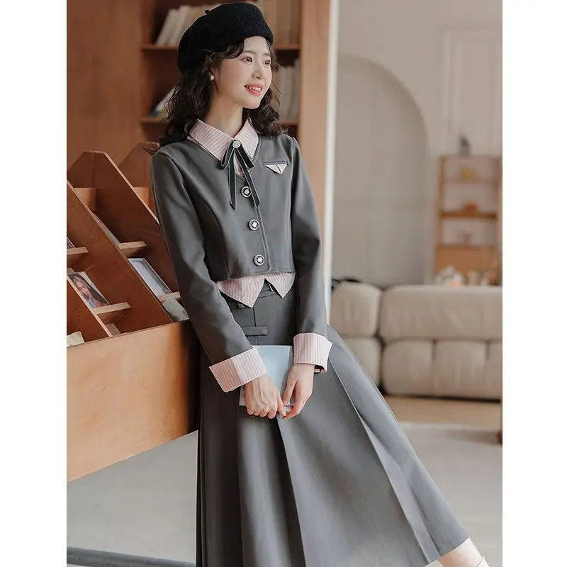 Grey Suit Patchwork Fake Two-piece Jacket Grey Pleated Skirt Set Sweet Temperament Set