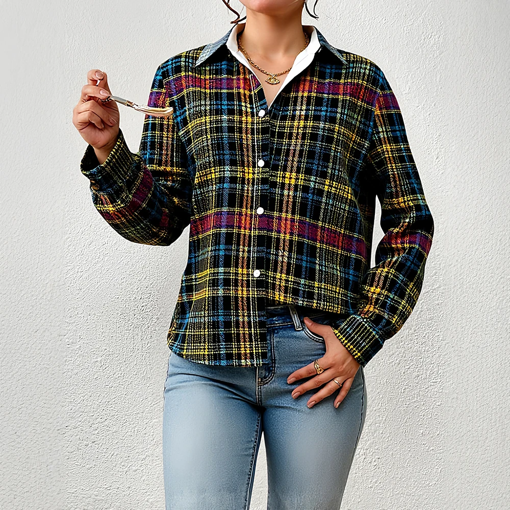 

Mia Muse Autumn Shirts 2025 Women's Retro Vintage Plaid Long Sleeve Shirt Collar Fitting Slim Office Lady Shirts