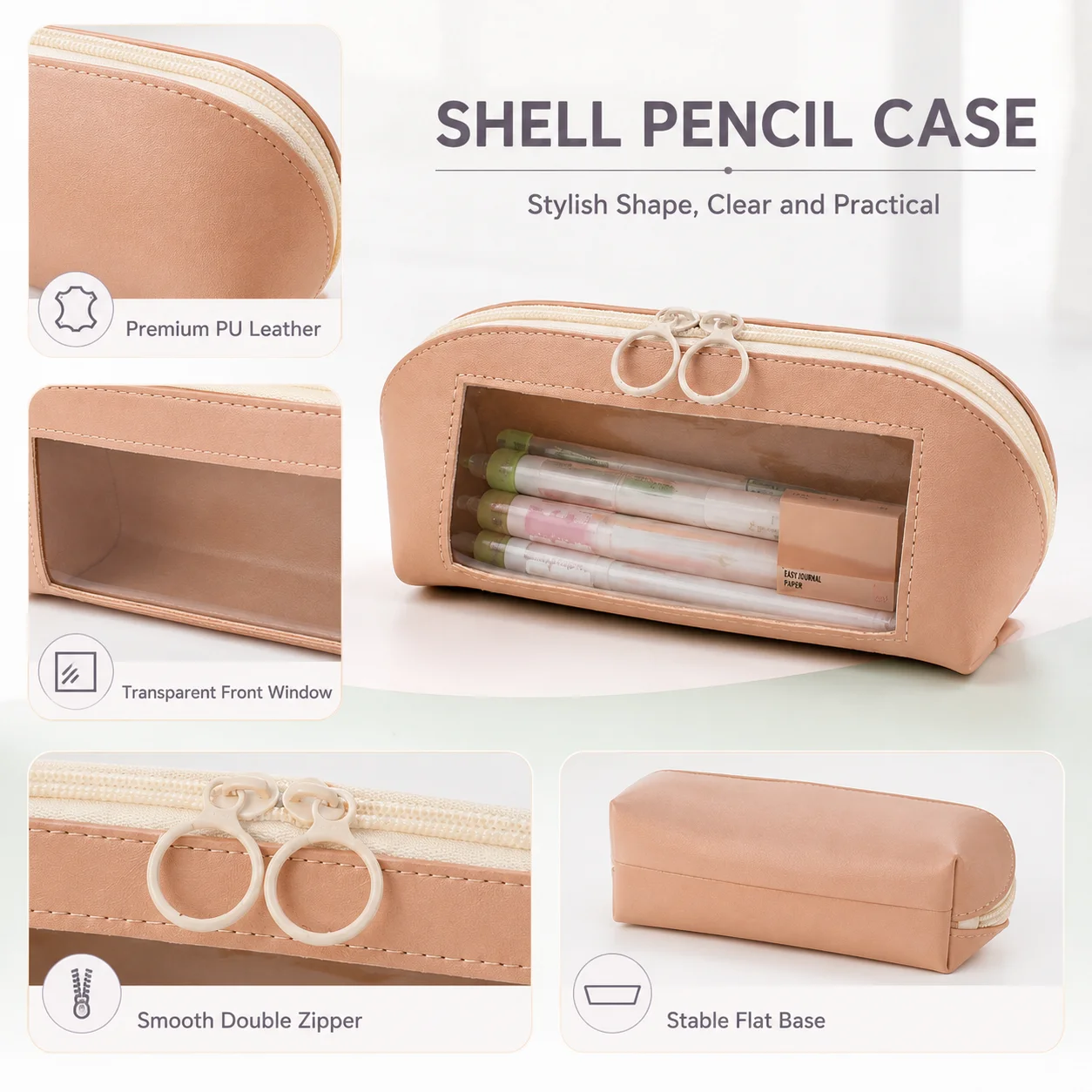 Shell Shaped Stationery Pouch, Soft Touch PU Leather Pencil Bag, Large Capacity Clear Window Design