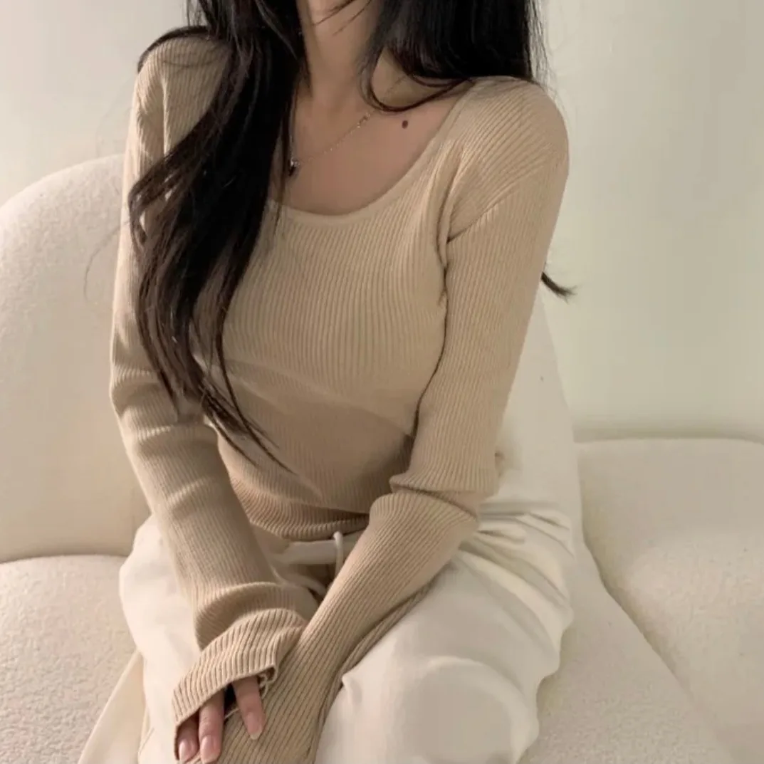 

Slim Fit Knitted Long Sve Square Ne T-irt Women's Chic Versatile Simple Skin-friendly Base irt Faionable Sweater