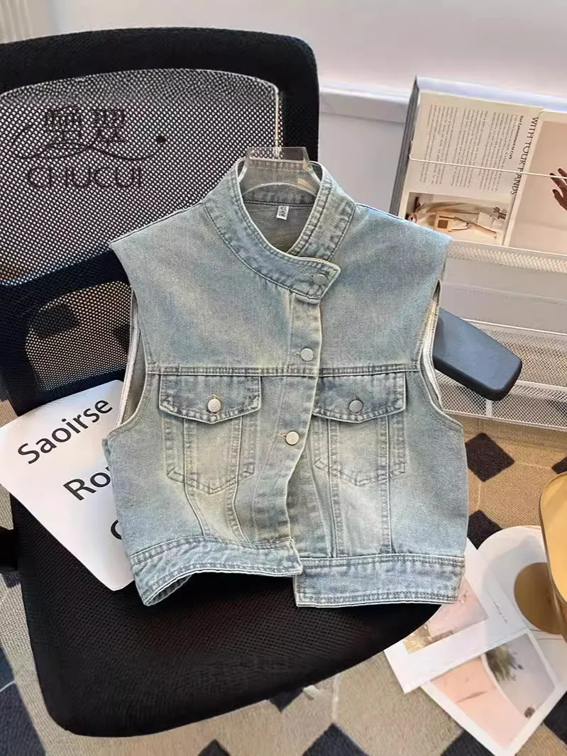 Denim Vest Women Waistcoat Sleeveless Jacket Stand Collar Single Breasted Pockets 2025 Summer Vintage Washed Coat Streetwear