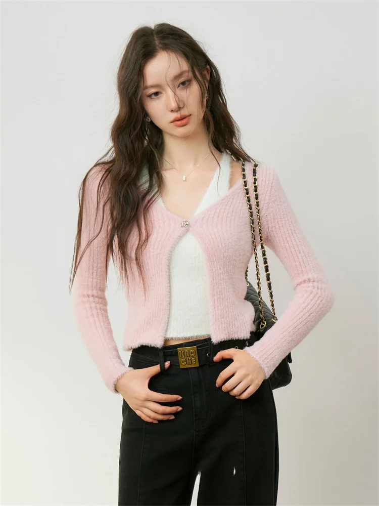 

Вязаный кардиган Kroche из искусственного меха с V-образным вырезом, длинными рукавами, осенне-зимняя новинка, женский свитер