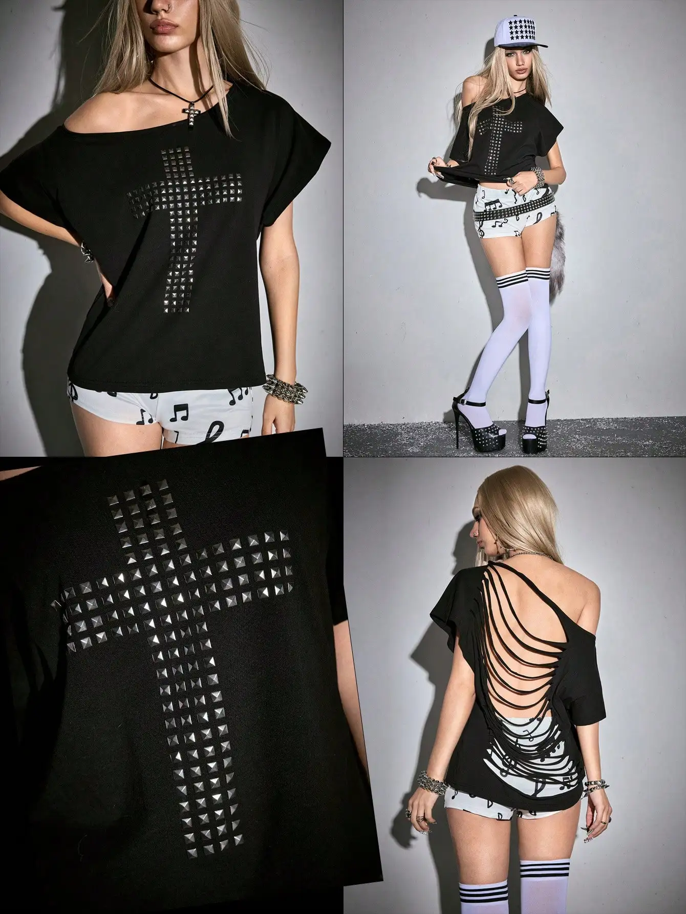 

Футболка в стиле панк Y2K с заклепками и вырезом на спине, свободный крой с открытыми плечами для уличной моды