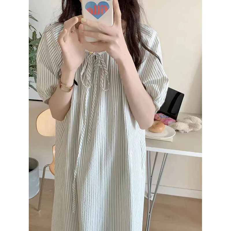 Striped Sleepwear Woman Short Sleeves Nightgown Korean Night Dress Summer One Piece Pajamas Dress Ruffles Night Wears 2024 New