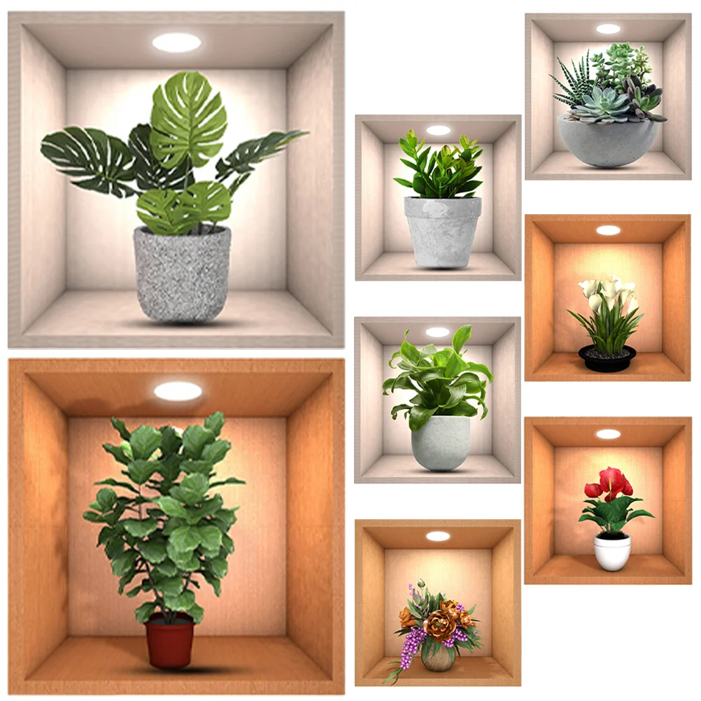 

8 Pcs Bonsai Wall Sticker Plant Showcase Potted Flowers Decals Home Decor Self-Adhesive Floral Flowerpot