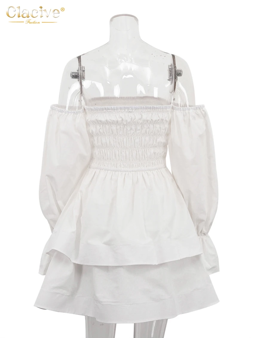 فستان نسائي قطني أبيض فضفاض مثير من Clacive برقبة مائلة وأكمام طويلة فساتين قصيرة أنيقة عالية الخصر مطوي فستان نسائي