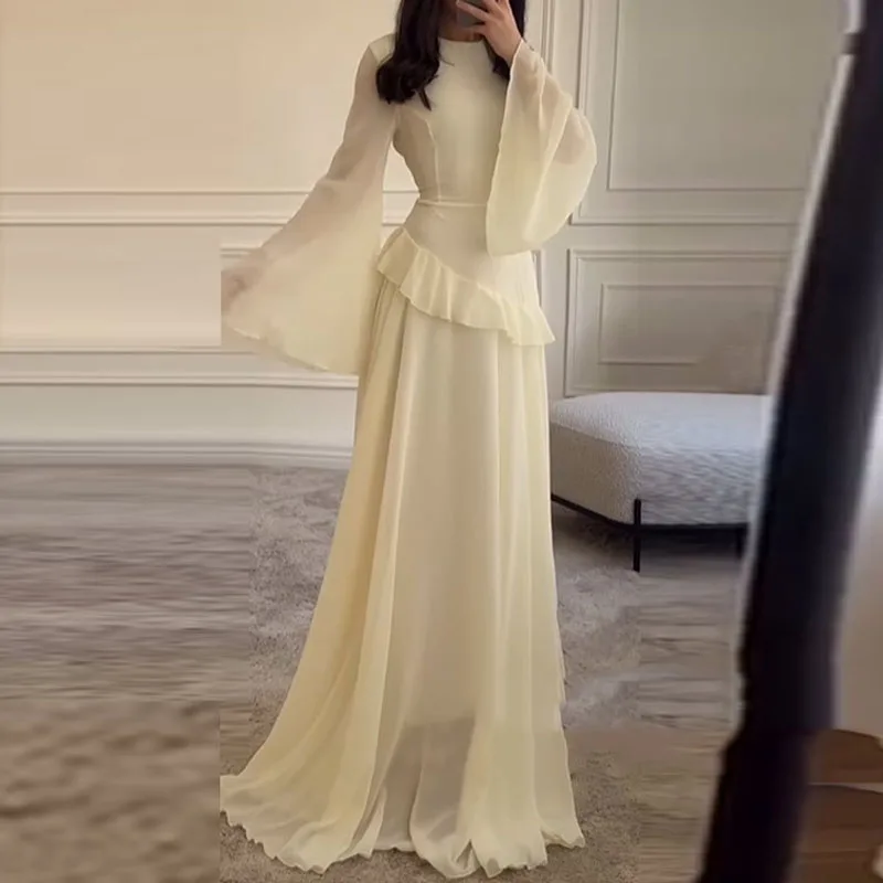 Spring Fashion Solid Ruffle A-Line Boho Dress French Elegant O Neck Slim Long Party Dress Women Flare Long Sleeve Autumn Dresses