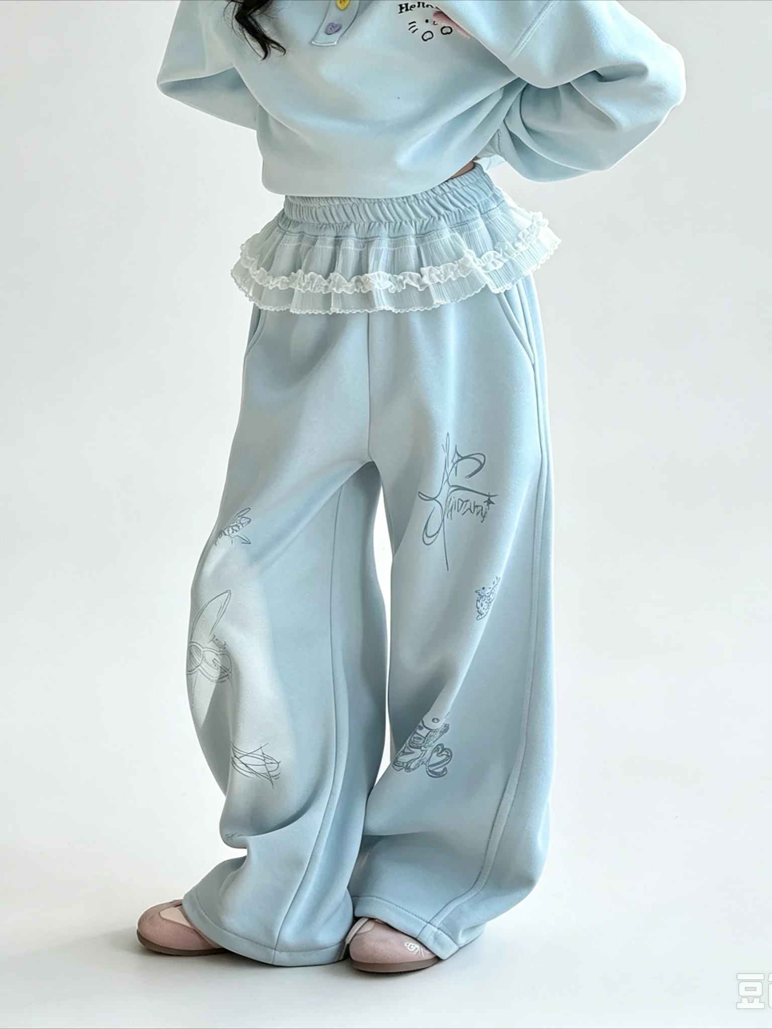 Sky Blue Sweet Lace Ruffle Waist Wide Leg Sweatpants Elastic Waistband Sketch Cartoon Graphic Loose Casual Trousers Preppy Style
