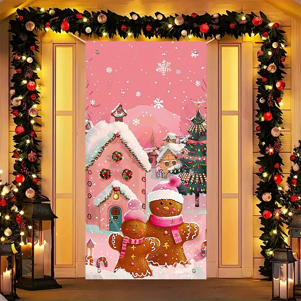 Festive gingerbread Christmas Door Cover: Pink Merry Christmas items, 35.4 \