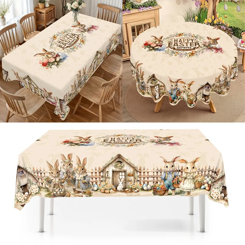 Vintage Ostern Hasen-Eier Tischdecken Feiertagsparty-Deko Frühlings-Blumenmuster Rechteckige/Runde Tischdecke Osterdekoration für Zuhause
