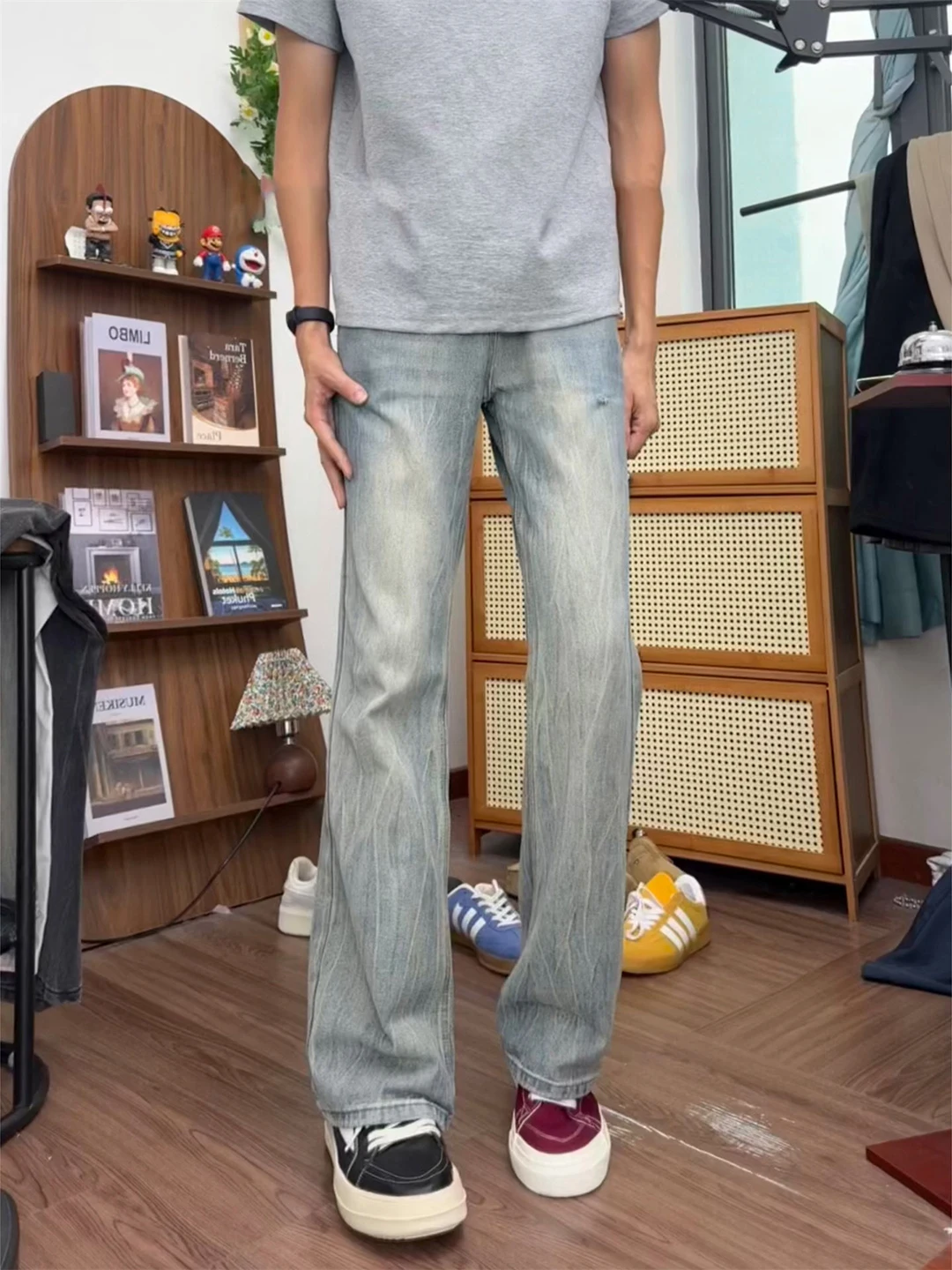 

Blue Bamboo Bud Pattern Bell Bottom Jeans Men's Spring American High Street Vibe Elevate Waist Knife Straight Fit Jeans