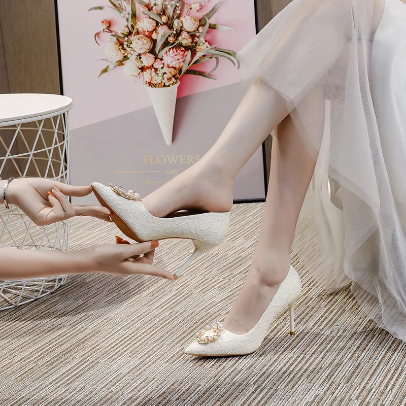 fashion sexy Women Pumps PU 6CM Thin high heels Pointed Toe Slip-On String Bead fashion Solid Party Wedding Shoes white