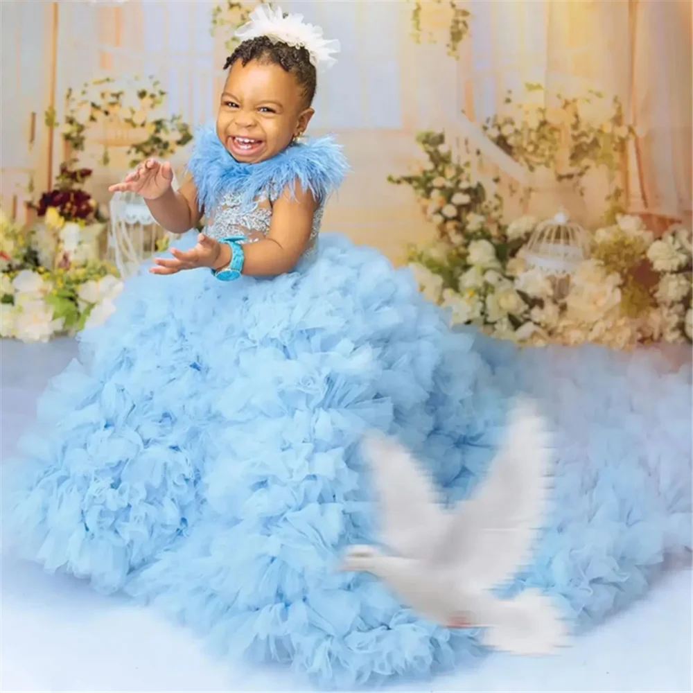 Hellhimmelblaues Luxus-Blumenmädchenkleid mit Federn und Stehkragen, Baby-Ballkleid, Erstkommunionkleid für Kinder, Geburtstagskleid