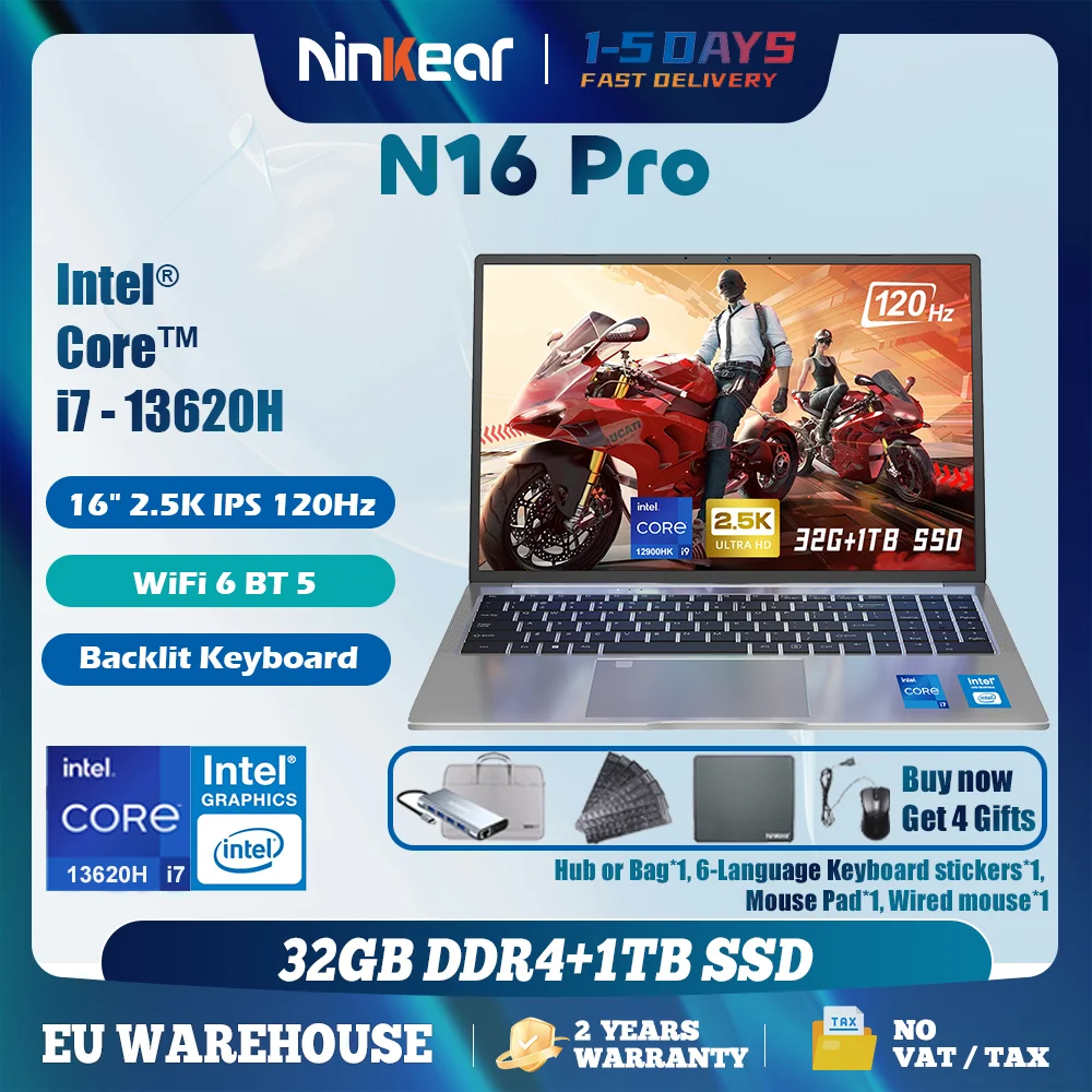 Ninkear Gaming-Laptop N16 Pro 16-Zoll 13. Generation Intel i7-13620H 32 GB DDR4 + 1 TB SSD 2,5 K IPS 120 Hz Fingerabdruck-Entsperrung WiFi 6