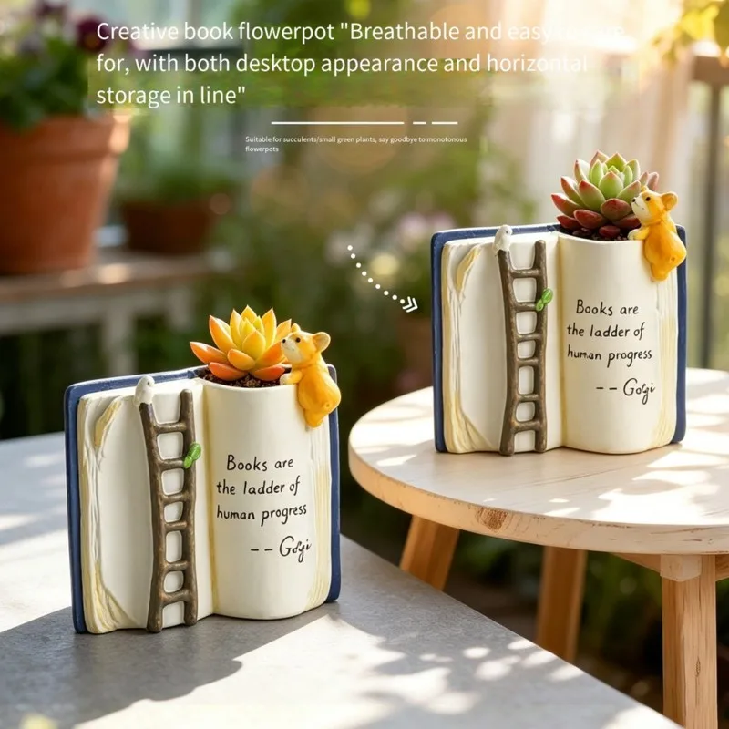 ABKP-Desktop Decor Staircase Book Flower Pot Resin Book Stack Planter Cactus Pot Garden Decoration(Without Plants)