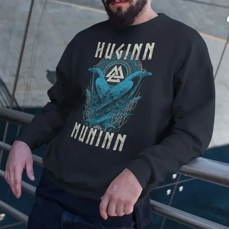 Nordic Myth Pagan Valknut Rune Odin Raven Huginn and Muninn Sweatshirt New 100% Cotton Casual Mens Clothes Fashion Streetwear