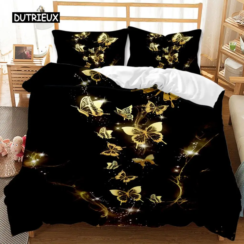 Black Gold Butterfly Bedding Set Luxury Black Duvet Cover 2/3Pcs Printed Comforter Bedding Sets For Adults Bed Set Room Decor