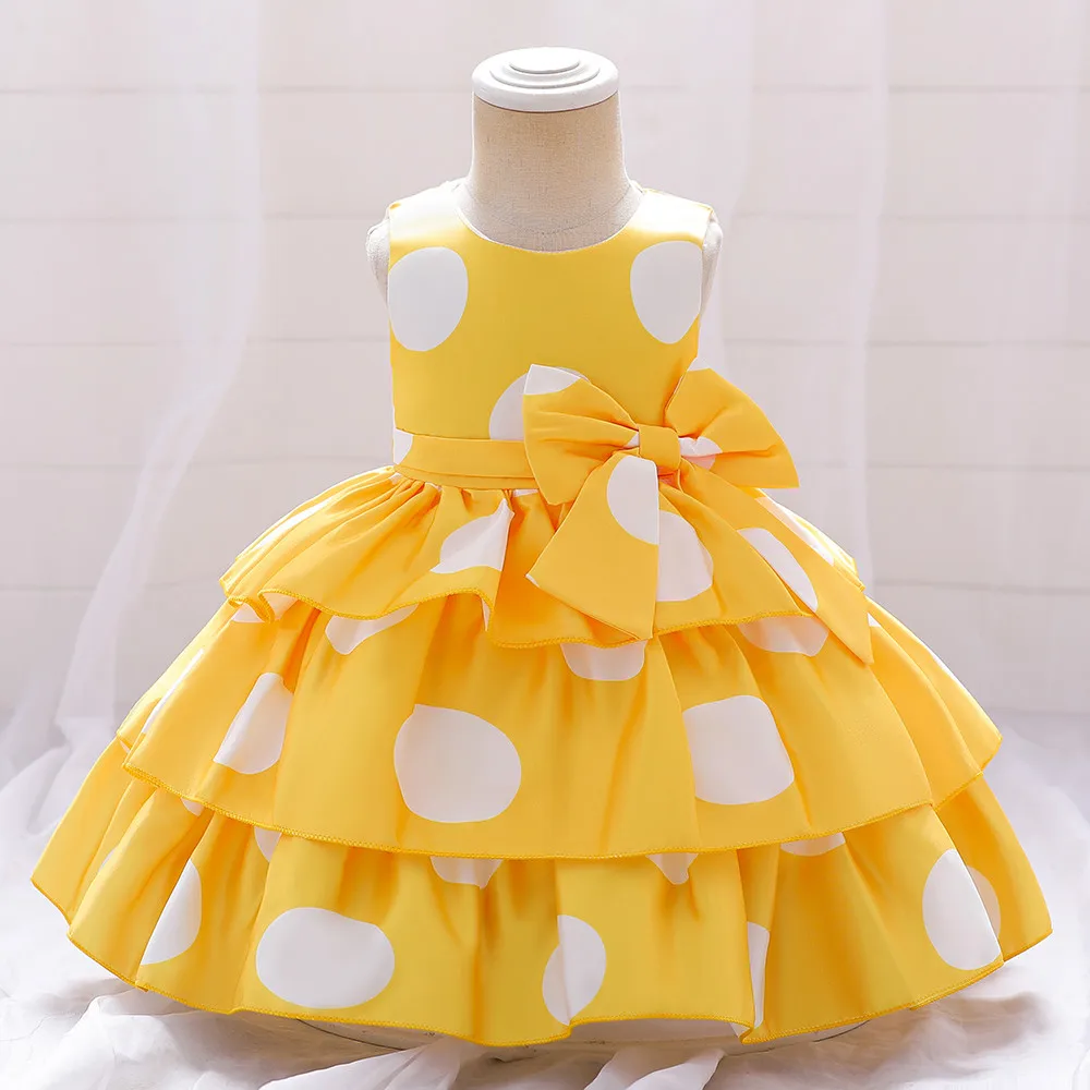 Girl Polka Dot Cake Dress Sleeveless Wedding Birthday Costumes For Kids Children Fashion Bow Ball Gown Evening Prom Gown Clothes