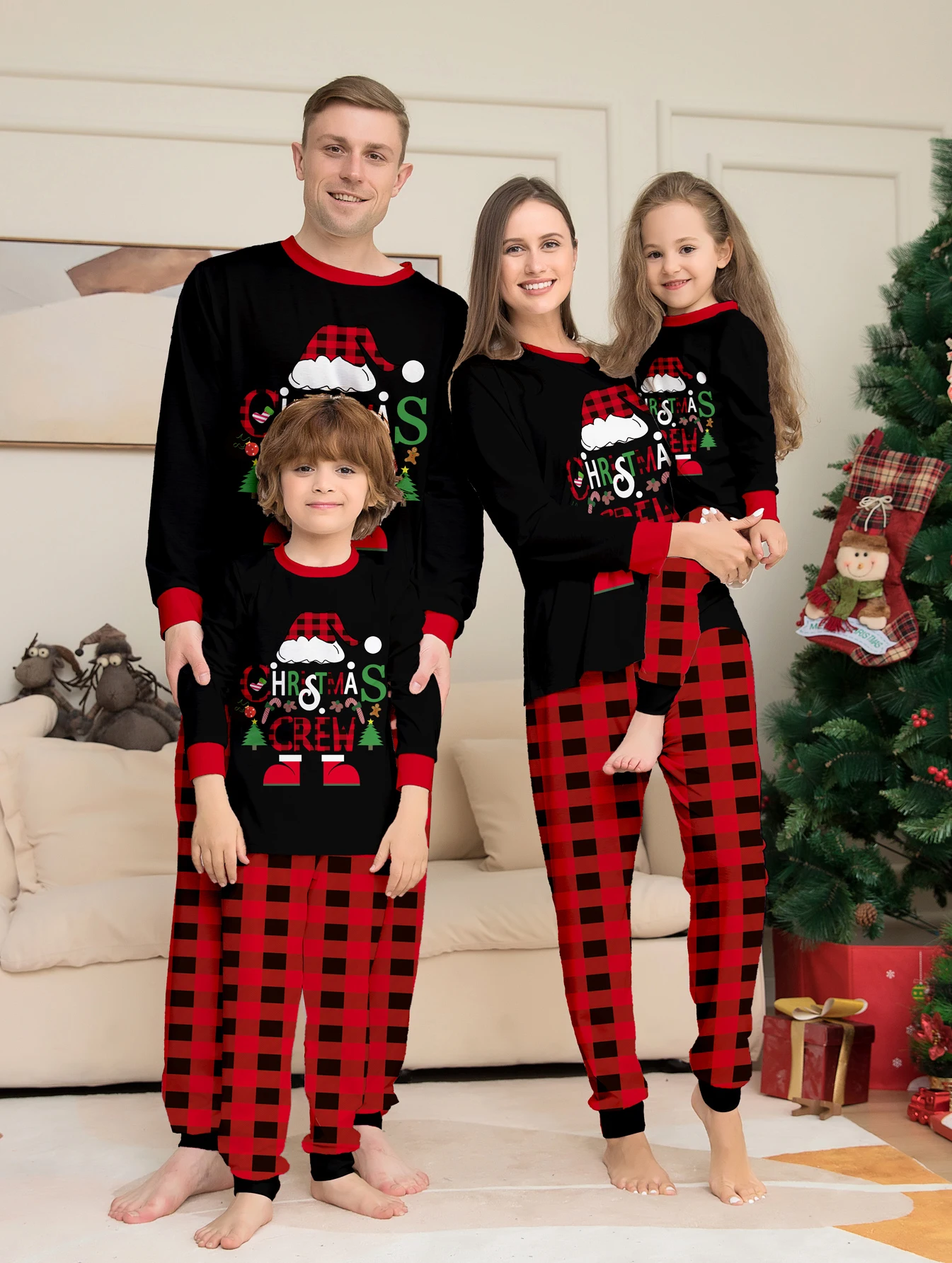 

Family Matching Xmas Sleepwear - Black Elf - Christmas Printed Tops & Red - Black Plaid Bottoms