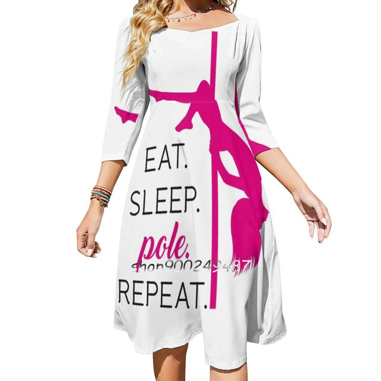 Eat. Sleep. Pole. Repeat. Sweet Elegant Dress Women Korean Kawaii Square Collar Dress Dance Pole Dance Eat Sleep Pole Repeat