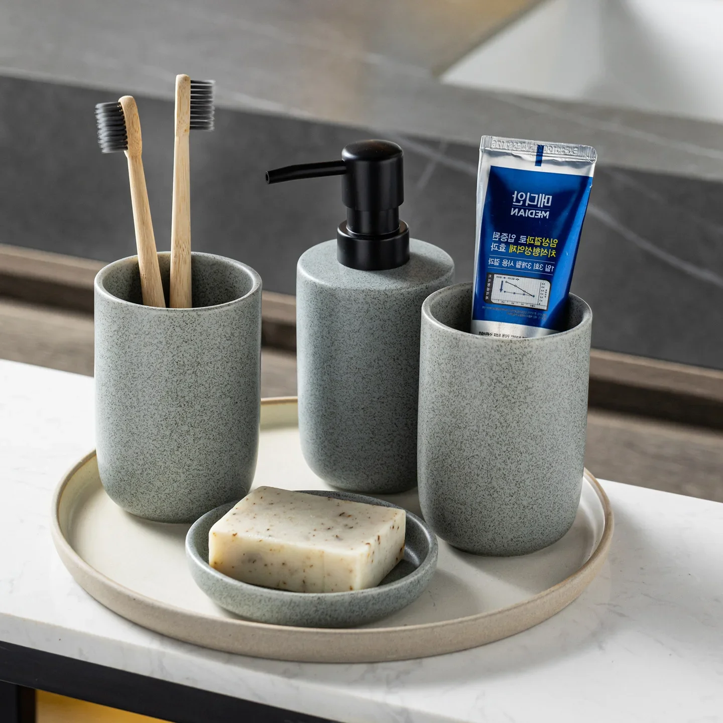 Terrazzo Ceramic Bathroom Wash Set Emulsion Bottle Gargle Cup Soap Dish Bathroom Supplies Bathroom Decoration Ornaments