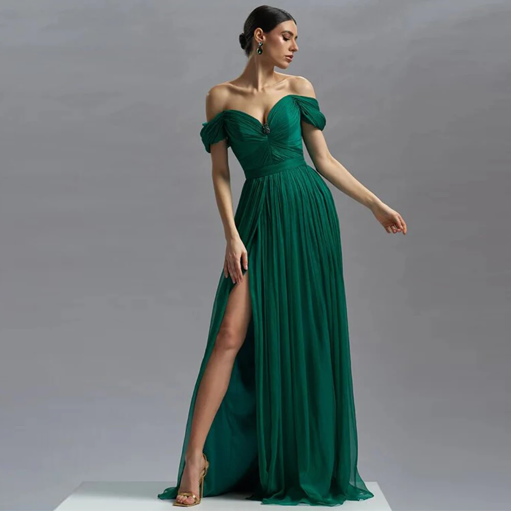 

Elegant Party Dresses Woman Classic Blackish Green Chiffon Pleat Beading Draped Side Fork Long Dresses Off-the-shoulder A-line