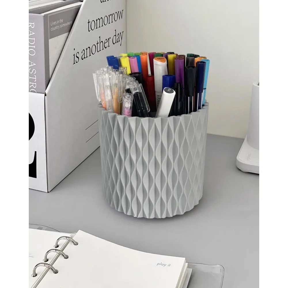 Rotating pen holder desk, 5 slots unique gray desk pen organizer aesthetic desktop items and accessories for women and girls