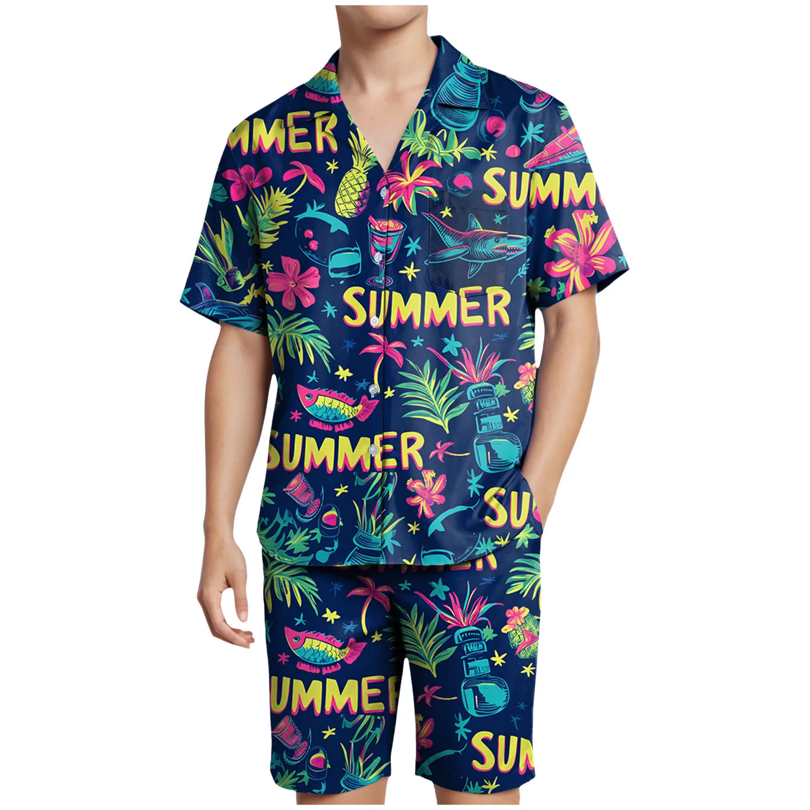 

Man Suit Regular Men's Hawaii Casual Printed Short Sleeved Shirt And Shorts Two Piece Suit Men S Christmas Suits