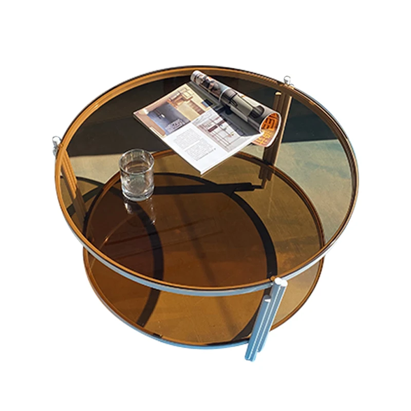 Nordic Modern Double-Layer round Glass Coffee Table Living Room Side Table Simple Flower Tea Table Bench