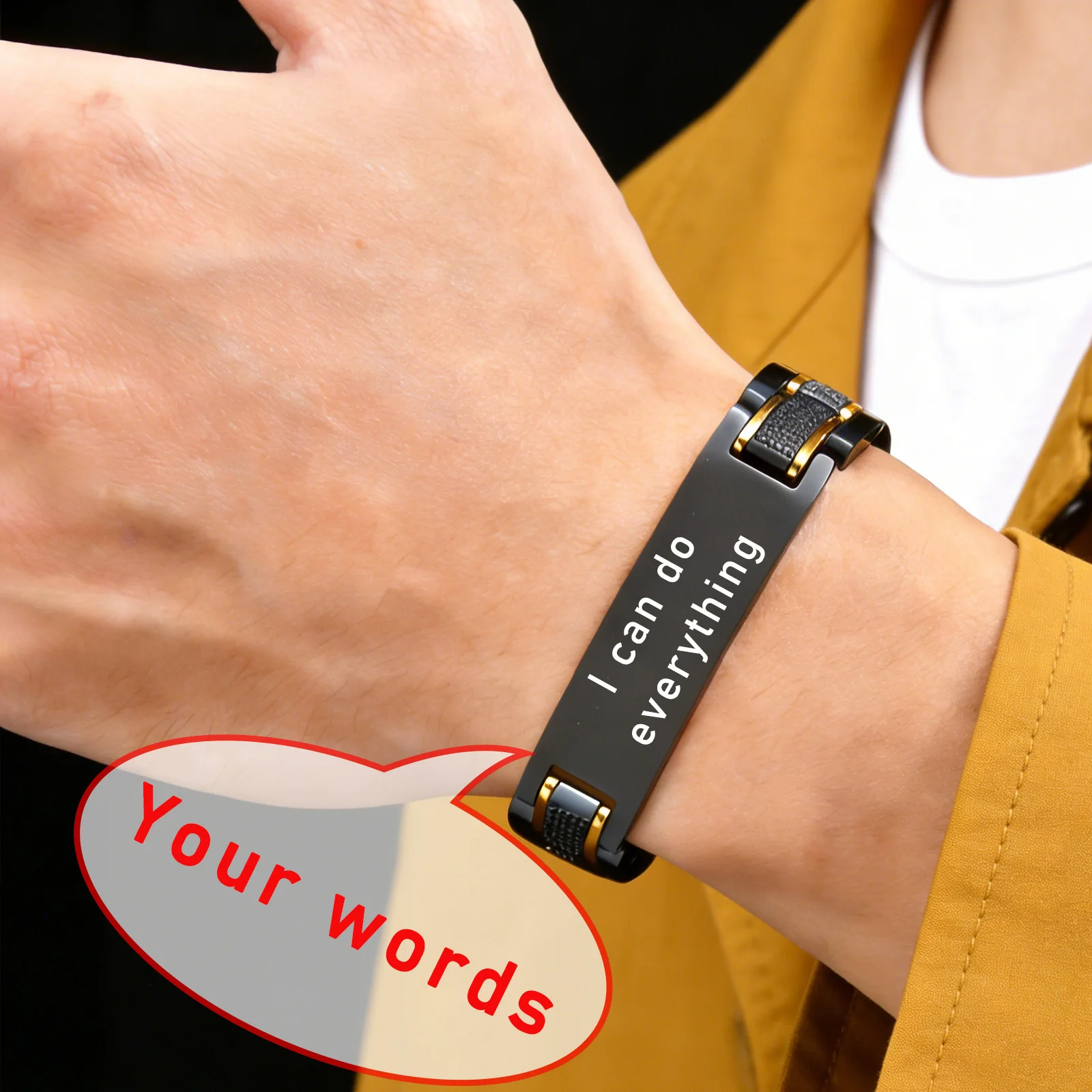 

Мужской браслет металлик, высококачественная нержавеющая сталь, настраиваемая с названиями, вдохновляющие цитаты общая окружность 22 см