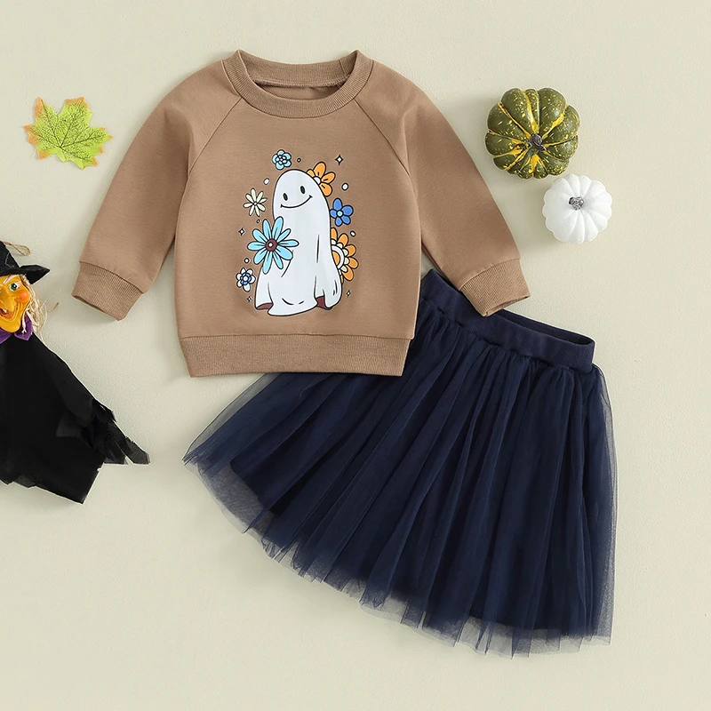 

2023-08-12 Lioraitiin 0-4Y Halloween Kids Girls Clothes Sets Long Sleeve Floral Ghost Print Sweatshirt and Lace Tulle Skirt Set