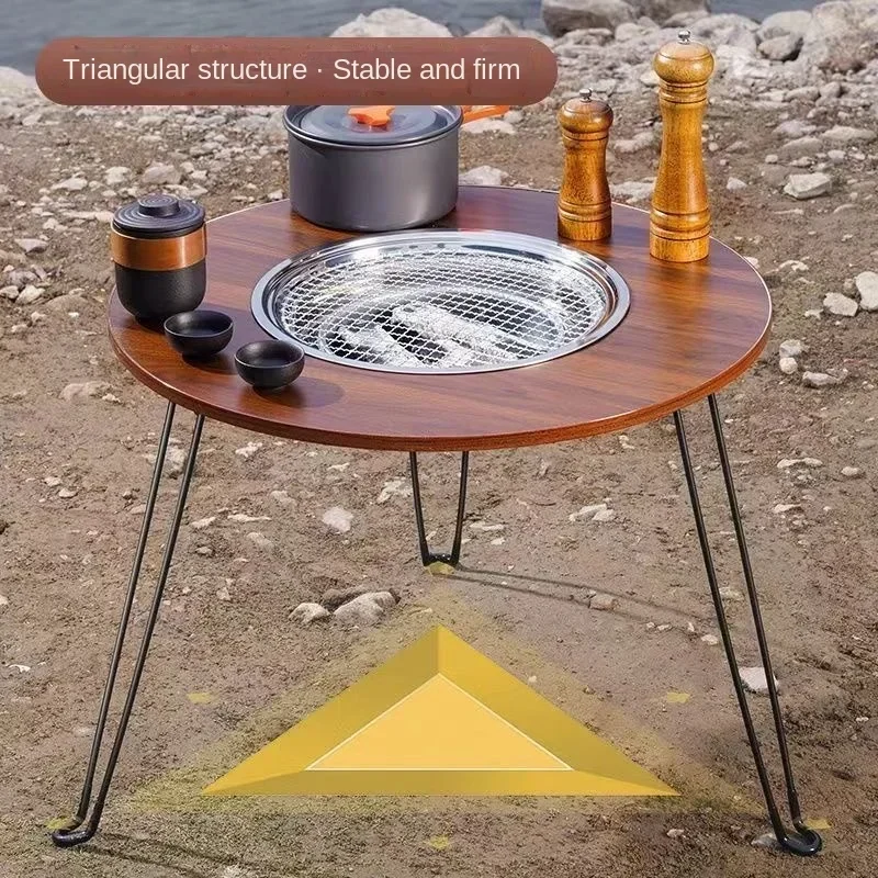 Portable Outdoor Barbecue Folding Round Table Camping Charcoal Barbecue Table Courtyard Stove Tea Making Heating Stove Set