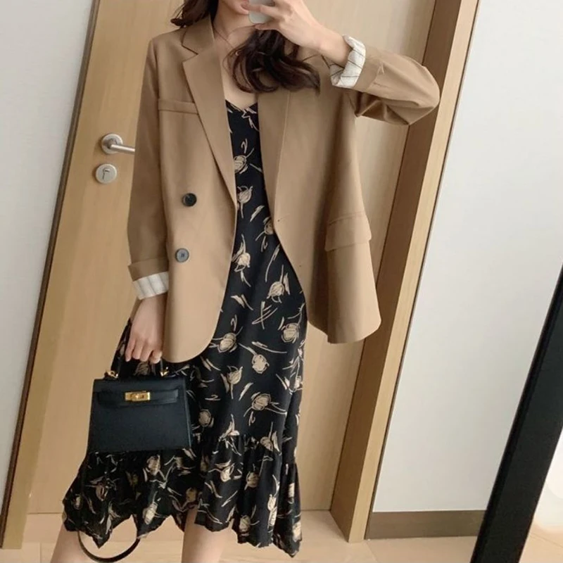 Blazers Womens Autumn Fashion Korean Notched Coat Fall Winter Solid Casual Solid Office Lady Single Breasted Long Sleeve Outwear