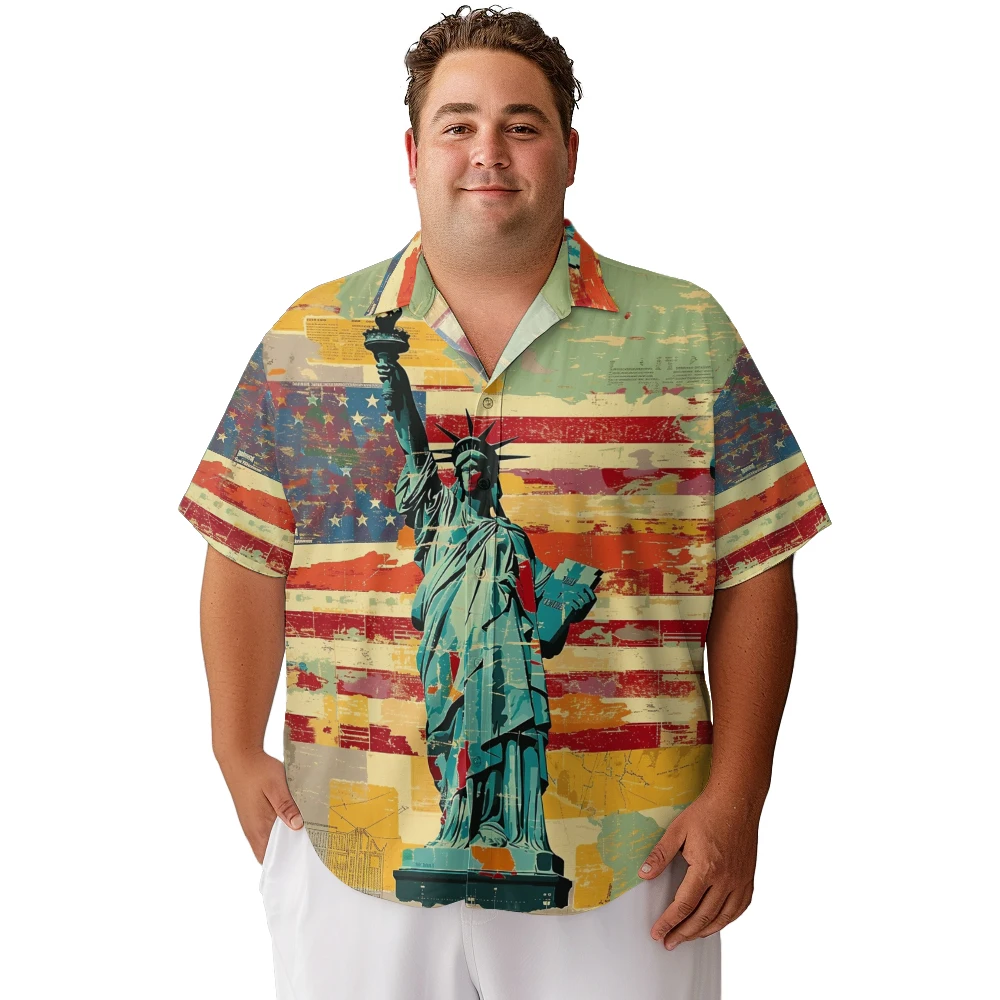 2024 new  Men's shirts plus size Painting style of the Statue of Liberty printed clothing casual short-sleeved