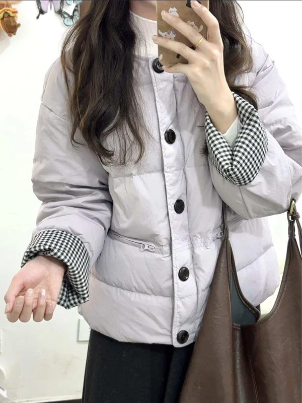 

Korean Style round Neck Single Button Thick Warm Purple Coat Women's Fashionable Versatile Winter Cotton Outerwear